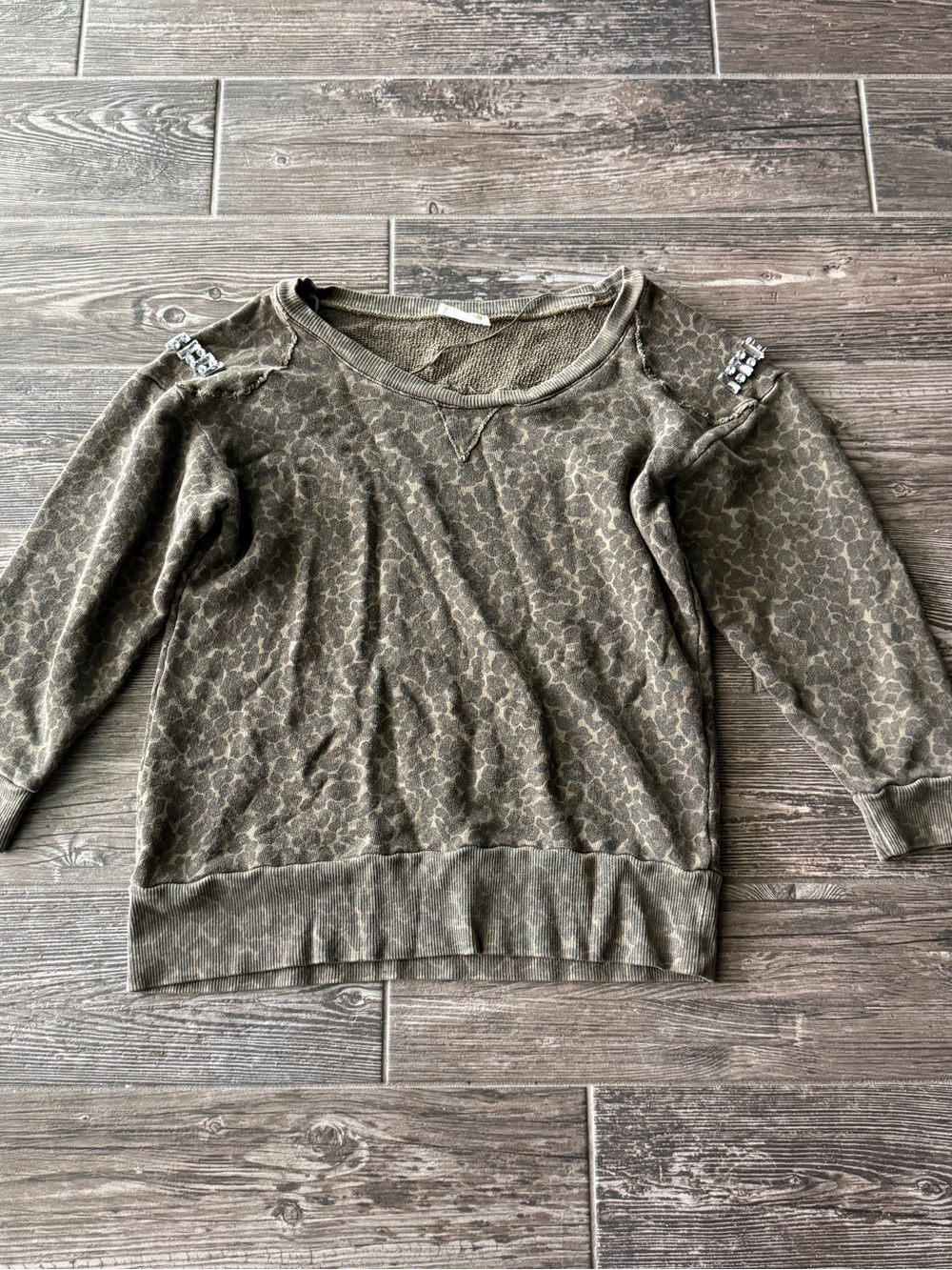 Zara Distressed Scoop Neck Pullover Sweatshirt Crystal Embellishment Shoulder